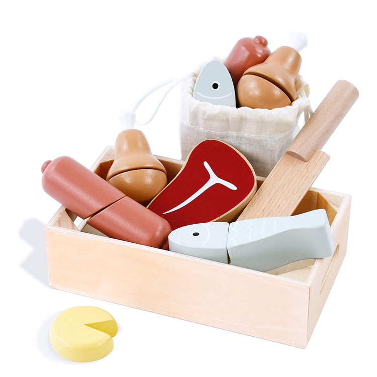 Play Kitchen Food Accessories Wooden Toy Cutting Meat Set 