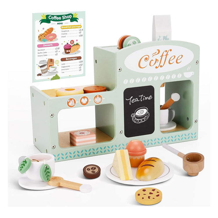 2-in-1 Wooden Toy Coffee Making Store Playset with Food Toys Accessories