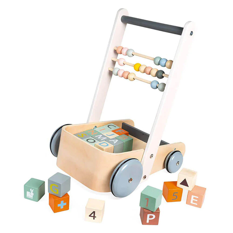Kids Wooden Push Walker with Building Blocks