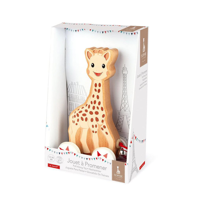 Cartoon Giraffe Wooden Pull Along Toy with Bell