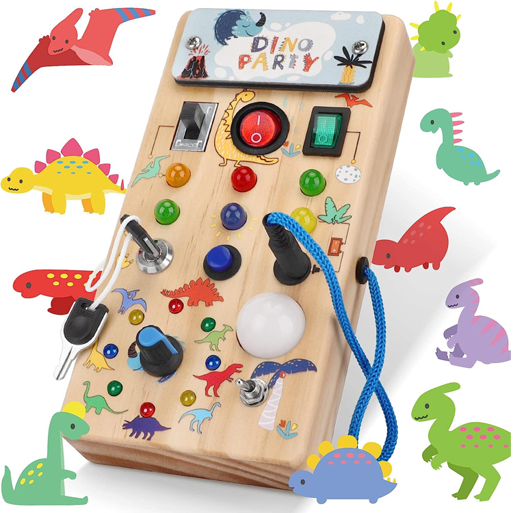 Montessori Busy Board Wooden Dino Led Light Switch Travel Toy 